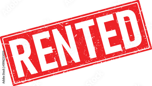 Distressed red rubber stamp impression with the single word Rented in bold white letters