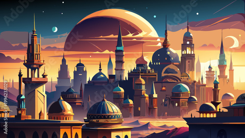 Fantasy cityscape, futuristic architecture, desert landscape, sci-fi illustration, vector