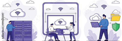 Cloud Computing Concept Illustration with Server, Wireless Connection, and Security Features