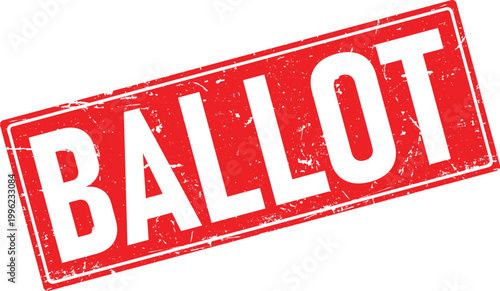 Distressed red rubber stamp impression with the word BALLOT in white distressed text