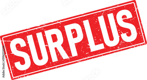 Distressed red rubber stamp impression with the word SURPLUS in white capital letters isolated on white