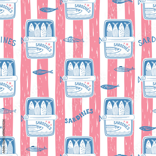 Retro canned sardines, pink stripes seamless pattern. Hand drawn summer beach, coastal textile design, Mediterranean sea repeat background. Vector seafood print, fashion, fabric, wallpaper