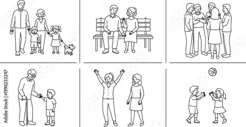 Family Interaction Illustrations with Activities Like Walking, Playing, and Socializing in Black and White Style