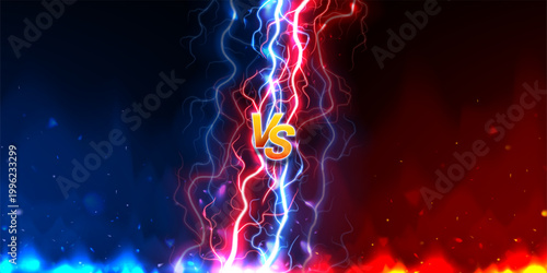 Versus background concept. VS screen with powerful red and blue lightning, burning flame and sparks. Bolt energy collision isolated on dark background. Lightning shock versus concept. Vector banner.