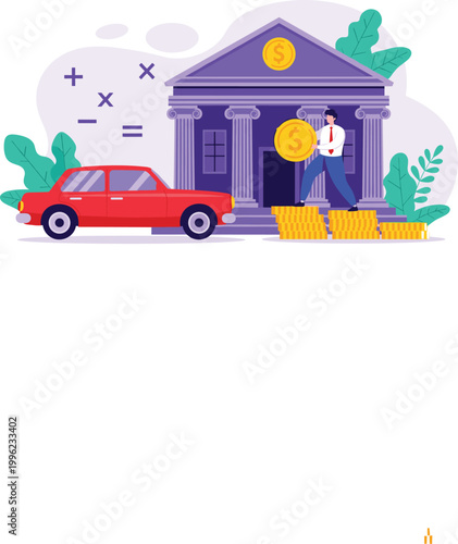 Financial Concept Illustration with Bank, Car, Money Stacks, and Calculations
