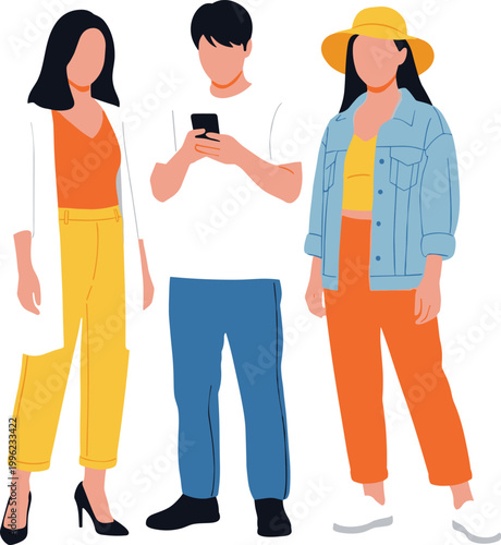 Fashionable Young Adults Group Illustration with Casual and Summer Outfits and Mobile Phone