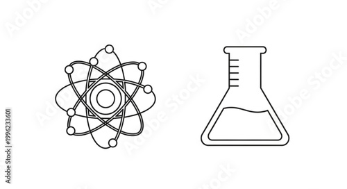 Atomic structure and laboratory flask icon representing science.