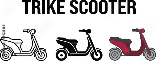 Collection of trike scooter icons representing different styles and colors for transportation and mobility concepts isolated on white