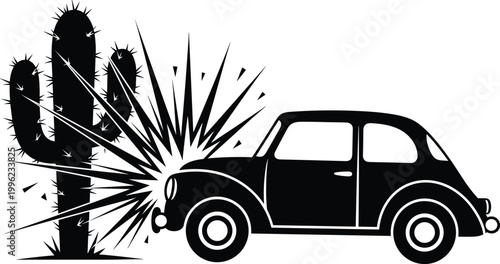 Humorous Illustration of a Car Crashing into a Cactus for Comical, Desert, and Vehicle Graphics