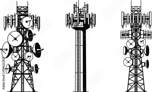 Collection of Communication Tower Silhouettes for Technology, Telecommunication, and Infrastructure Designs