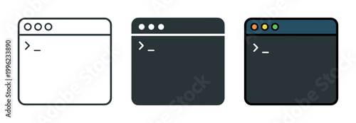 Photography Programming terminal icon set command line window outline, solid and color style