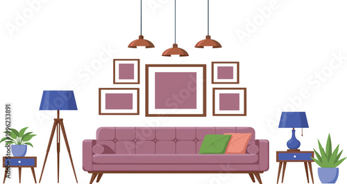 Stylish living room interior with sofa, lamps, plants and wall decor in modern flat cartoon vector illustration style