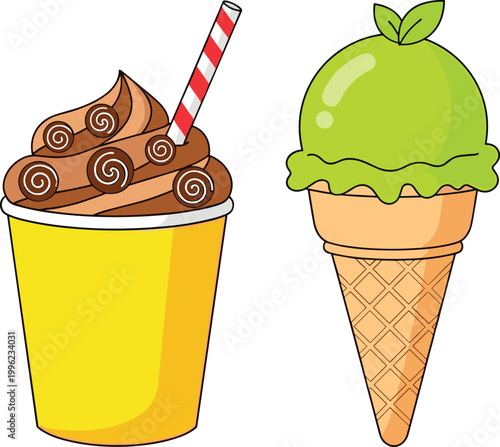 Gourmet Chocolate Sundae in Yellow Cup with Striped Straw and Mint Green Ice Cream Cone for Summer Dessert Menu and Sweet Shop Branding