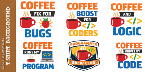 Software engineering coffee slogans and coder vector designs for t-shirt print collection.