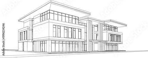 Contemporary Architectural Building Design in Line Art for Urban Planning, Commercial, and Residential Projects