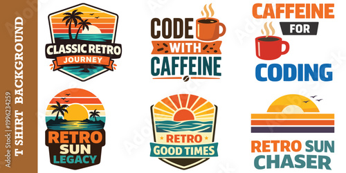 Retro summer sun and caffeine coding badges with vintage sunset landscape vector elements.