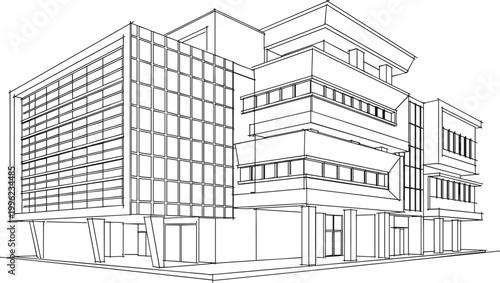 Modern Architectural Building Design Illustration in Line Art for Urban, Commercial, and Residential Projects