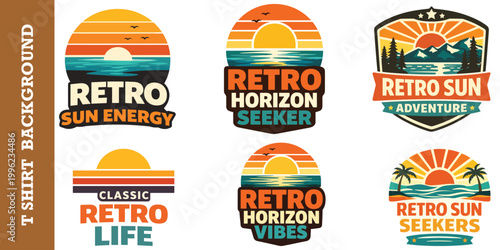 Vintage sun energy labels with mountain and ocean landscape vector art for apparel design.
