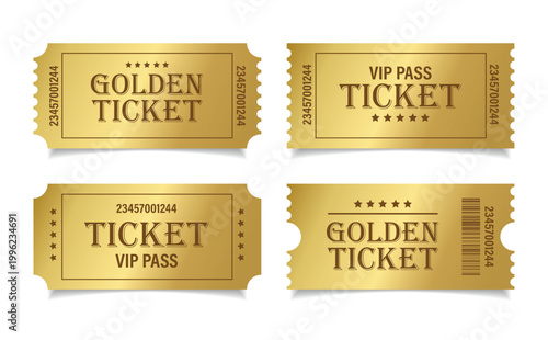 Vip Golden ticket mockup set. Luxury style and gold colors template Tickets Set. For cinema, sale coupon, circus, theater, festival. Minimalist coupons. Isolated background
