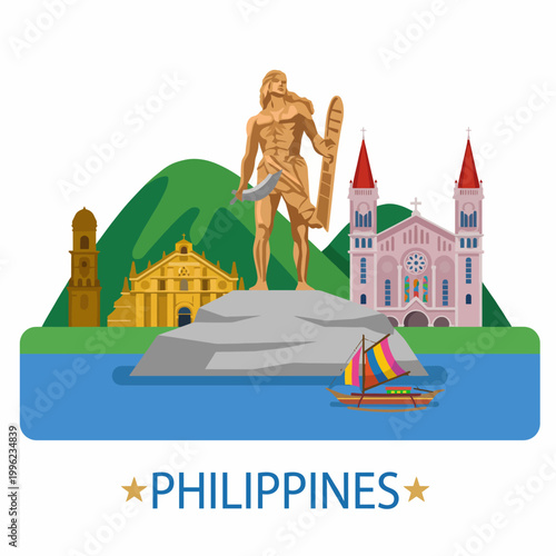 This colorful illustration represents iconic landmarks in the Philippines, showcasing cultural richness and historical significance, including a statue symbolizing national pride.