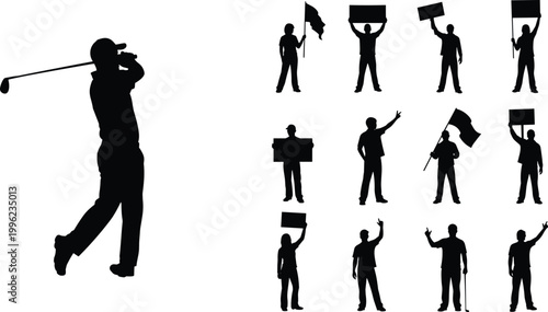 Silhouette Collection of Golfer and Protesters with Flags and Signs for Sports, Activism, and Graphic Design Projects