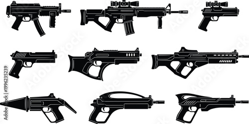 Collection of Black Gun Silhouettes Including Rifles, Handguns, and Military Weapons for Digital Media, Illustrations, and Graphic Designs