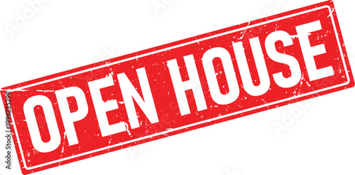Open House distressed red rectangular rubber stamp with bold white text