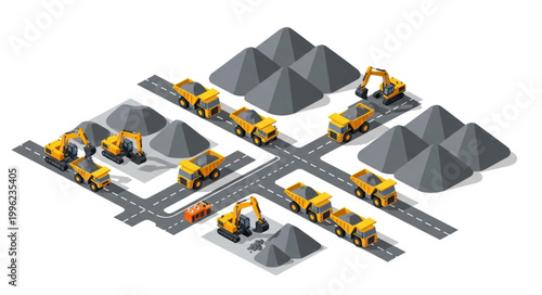 Construction vehicles and mining trucks at a quarry site.