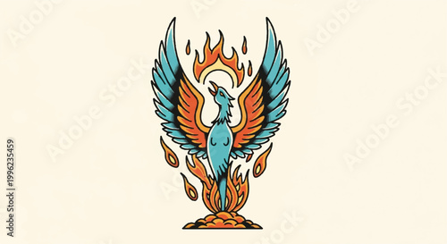 Fiery phoenix rising illustration against cream background