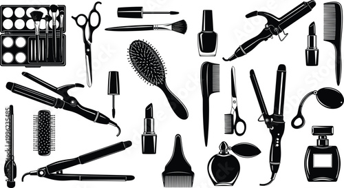 Beauty and Hair Styling Tools Silhouette Set Including Scissors, Brushes, Cosmetics, and Appliances for Personal Care and Salon Design Concepts