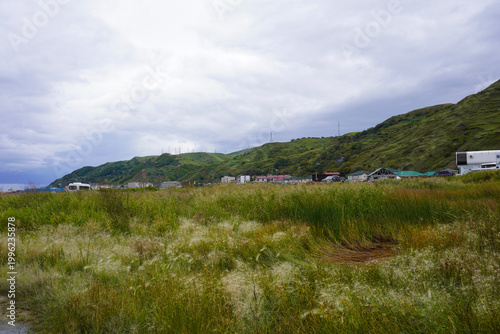 A green field and hills under a cloudy sky. A coastal town.