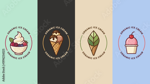 This image showcases charming icons representing various organic ice cream flavors, designed for branding in the food industry, appealing to nature-conscious consumers.