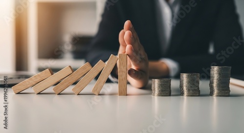 Financial risk and instability wooden blocks and coins representing economic uncertainty