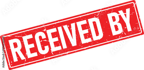 Red grunge rubber stamp impression with Received By in distressed white sans serif font