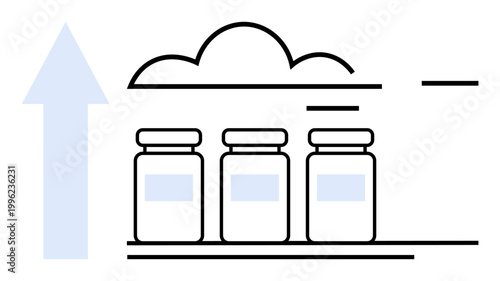 Cloud storage, data management, technology, digital backup, cloud computing, data upload. Three jars under a cloud with an arrow pointing upwards. Cloud storage and data management ion