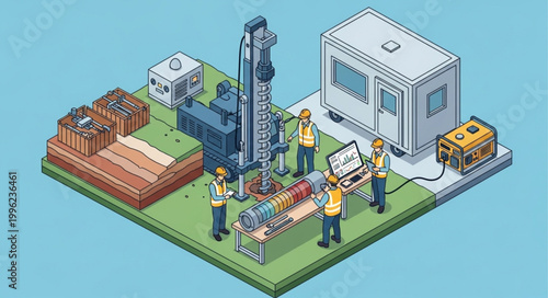 Construction workers operating heavy machinery at a drilling site.