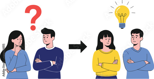 Problem solving concept with confused couple and idea solution showing question mark and light bulb in modern flat cartoon vector illustration style