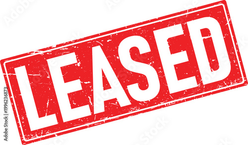 Vintage red rubber stamp impression with the word LEASED in white distressed text