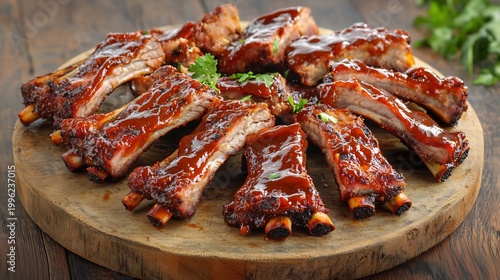 Glazed BBQ Ribs on Wooden Board, Delicious Sticky Meat, Close-up Food Photography
