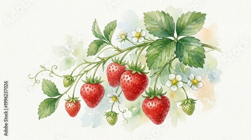 Watercolor illustration of ripe strawberries on a vine with green leaves and delicate white flowers, evoking a sense of summer freshness and natural bounty