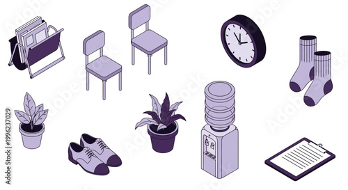 Isometric office interior elements with purple chairs, plant and shoes for room layout design