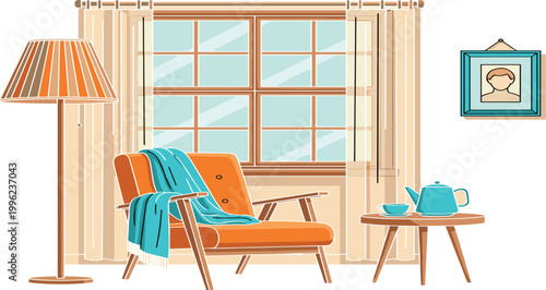 Cozy living room corner with armchair, floor lamp, window and table in modern flat cartoon vector illustration style