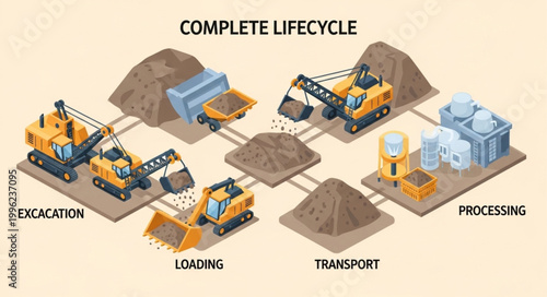 Construction equipment illustrates complete industrial lifecycle process.