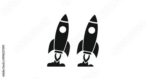 Two black rocket ships launching with fiery trails a simple silhouette
