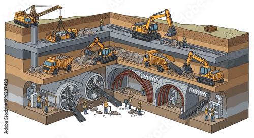 Construction of underground tunnels and infrastructure with heavy machinery.
