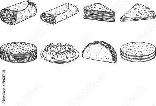 Hand drawn bread and pastry set with tortillas, buns, flatbread and bakery items in detailed sketch outline vector illustration style