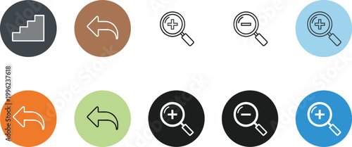 Navigation and Zoom Icon Set with Back Arrow, Undo Symbol and Magnifying Glass Plus Minus Controls for UI UX Interface Design