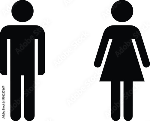 Male and female restroom pictogram silhouettes, universal public signage icons representing gender identification, bathroom facilities, toilet symbols and washroom designation illustration