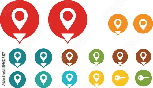 Colorful Map Pin Location Marker and Key Icon Vector Collection Set with Different Sizes and Shapes for Navigation Gps Interface and Real Estate Symbols