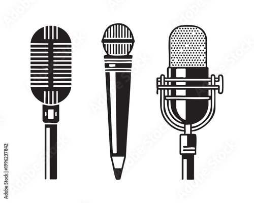 Collection of vintage and modern microphones arranged in a graphic illustration.